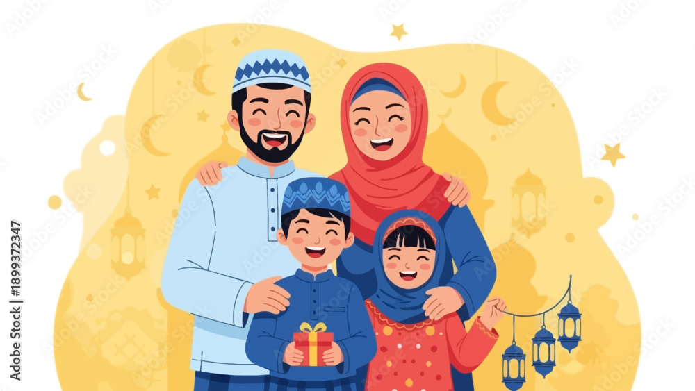 Fototapeta premium Happy Muslim Family Celebrating Together with Joyful Expressions.