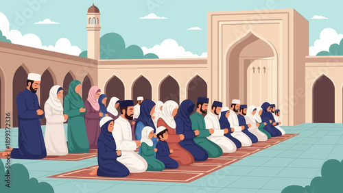 Muslims praying together in a mosque courtyard during a religious gathering.
