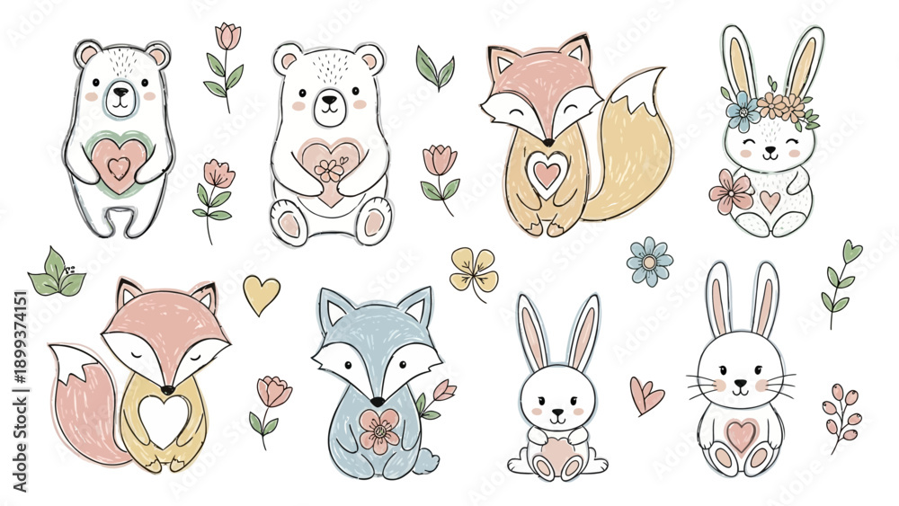 Fototapeta premium Adorable forest animals with hearts and flowers in cute illustrations