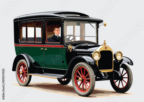 065-30-Retro 1920s style motor car driving with a chauffeur on a white background