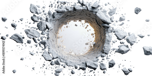 A detailed, overhead shot of a circular tunnel with chunks of grey rock around it