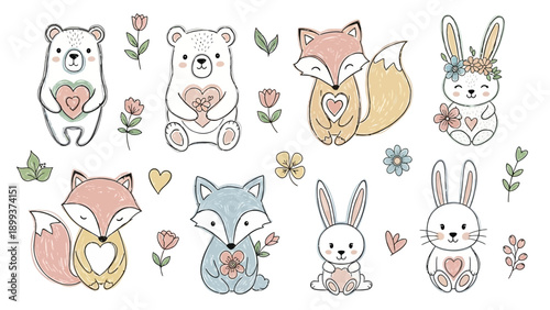 Adorable forest animals with hearts and flowers in cute illustrations