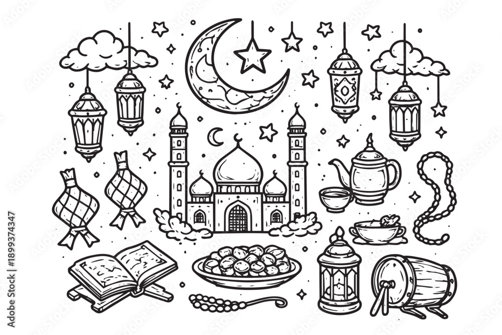 Naklejka premium Set of hand-drawn Ramadan ornaments
