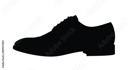 A black formal shoe is prominently displayed as a silhouette