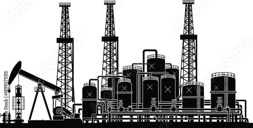 Black silhouette industrial oil refinery complex with drilling towers pump jack storage tanks and network of pipelines for energy production petroleum and gas industry