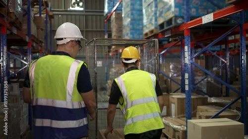 Blue collar workers are working at warehouse. Logistics, transportation.