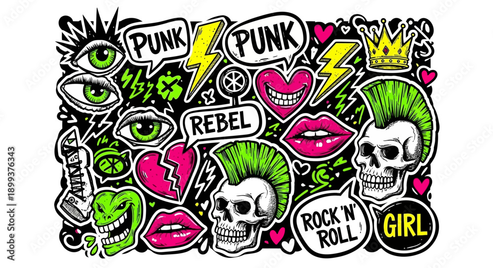 Fototapeta premium A vibrant and chaotic collage of punk rock imagery, featuring skulls, mohawks, lightning bolts, eyes, lips, and the words 