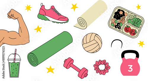 A vibrant collection of fitness and healthy lifestyle elements, including exercise equipment, a nutritious meal, and athletic gear.