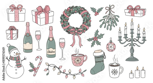 A charming collection of hand-drawn Christmas and winter holiday illustrations, featuring gifts, a snowman, festive drinks, and seasonal decorations.