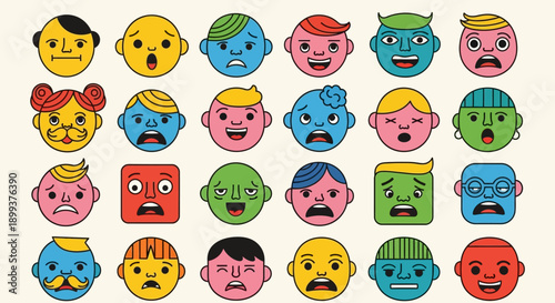 A grid of 25 colorful, stylized cartoon faces expressing a wide range of emotions and expressions.