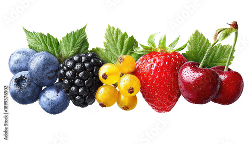 Fresh, vibrant berries in various colors, arranged in a horizontal row with leaves