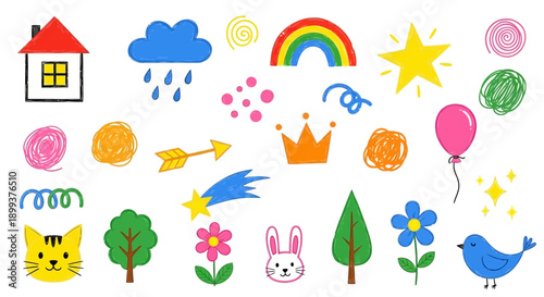 A vibrant collection of hand-drawn cartoon-style illustrations featuring whimsical elements like a house, cloud, rainbow, star, and various playful objects.