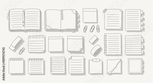 A collection of hand-drawn illustrations of various paper stationery items, including notebooks, notepads, and loose sheets.