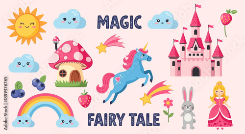 A whimsical collection of magical fairy tale elements including a unicorn, castle, princess, rainbow, and cute clouds.