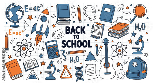 A vibrant illustration depicting a collection of educational and scientific items for back to school, including books, a rocket, a globe, and scientific symbols.