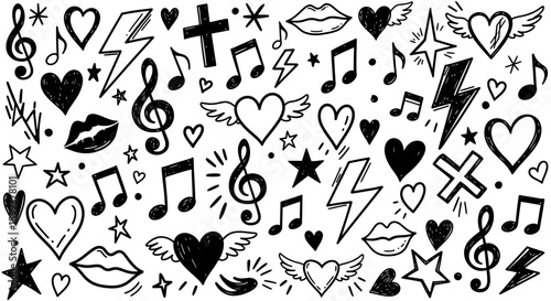 A collection of hand-drawn doodle icons including hearts, musical notes, lightning bolts, and lips, on a white background.