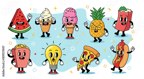 A vibrant collection of cartoon food characters, including a smiling watermelon, ice cream cones, a cheerful pineapple, popcorn, a pizza slice, a hot dog, and a lightbulb.