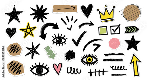A collection of hand-drawn doodle elements including stars, hearts, eyes, arrows, checkmarks, and abstract shapes.