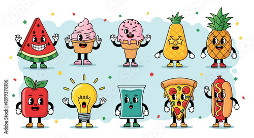 A collection of cartoon characters representing various food items and objects, each with a unique facial expression and pose.