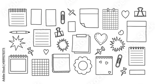A collection of hand-drawn stationery items including sticky notes, notebooks, pens, paper clips, and pushpins, presented in a clean, minimalist outline style.