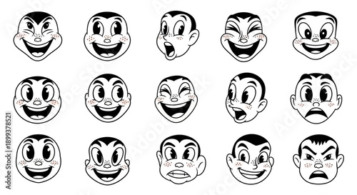 A collection of 15 vintage cartoon faces displaying a wide range of emotions and expressions.