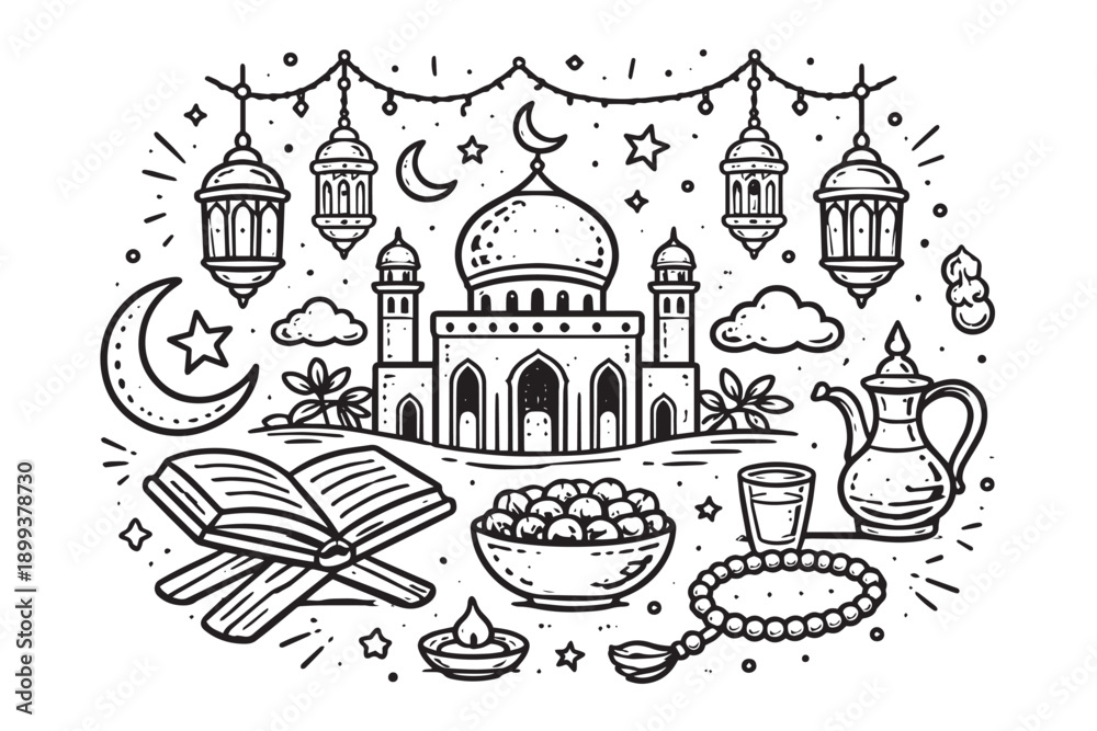 Fototapeta premium Set of hand-drawn Ramadan ornaments