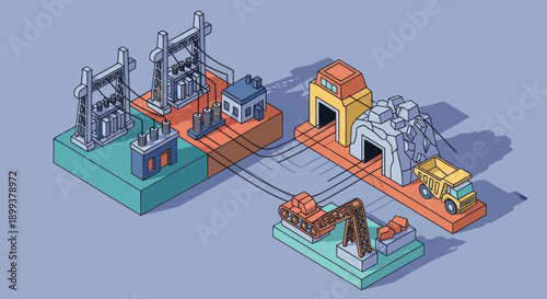 Isometric Factory Buildings and Machinery Illustration.