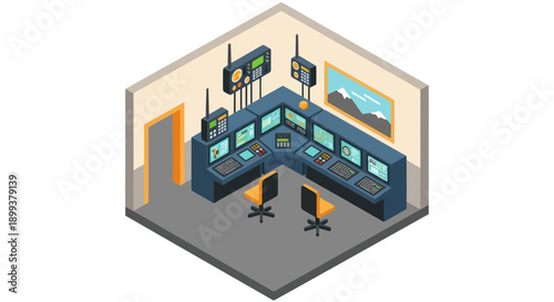 Isometric Control Room with Multiple Monitors.