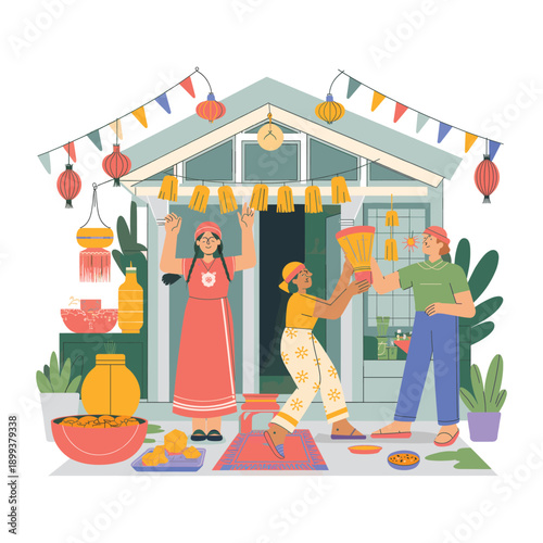 Family Celebrating Traditional Festival at Home with Decorations Illustration