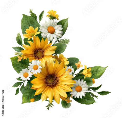 Vibrant floral arrangement in yellow and white.  A corner bouquet featuring sunflowers, daisies, and smaller yellow blossoms.  Rich, detailed leaves