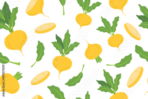 Turnip vegetable seamless pattern. Nature background of turnip isolated on white. Gardening, farming and food concept. Vector flat banner.