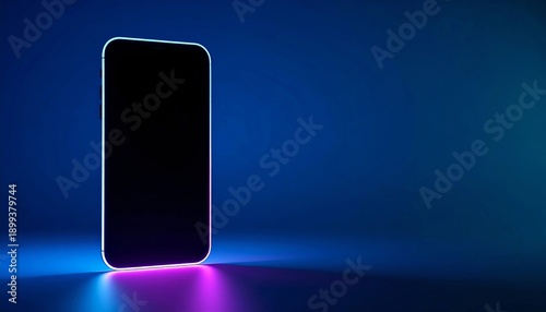 Modern Smartphone Mockup with Neon Light Border on Dark Blue Background, Blank Screen Cell Phone Template for Mobile App Design and Technology Presentation, Futuristic Gadget Display