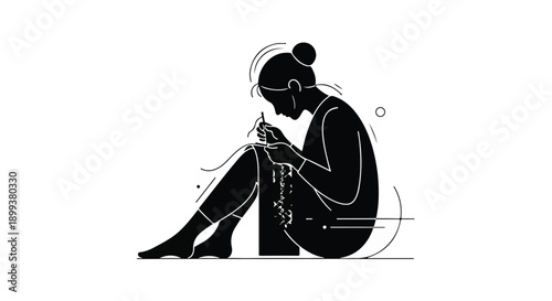 Woman focused on intricate craftwork with delicate beads and thread