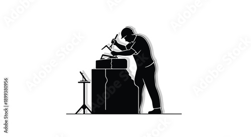 Focused sculptor meticulously carving stone with tools and precision