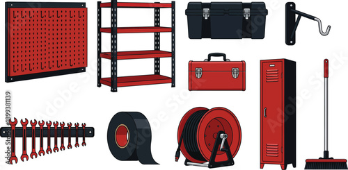 Industrial Red and Black Garage Organization Icons - Heavy Duty Workshop Storage and Tool Management Set