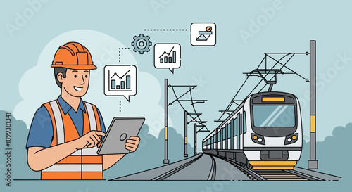 Smart Rail Engineer Analyzing Data with Tablet near Subway Train