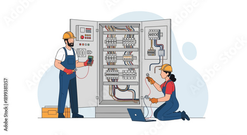 Electrician Team Working on Industrial Power Control Panel Illustration