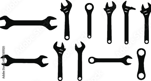 wrench silhouettes set: mechanical repair and workshop tools collection
