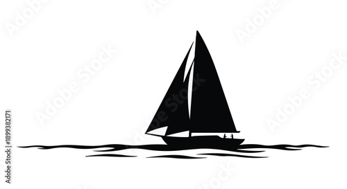 Sleek sailboat glides across calm water under a bright sky.