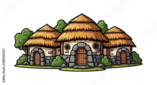 Cartoon Thatched Roof Huts Village Illustration Isolated