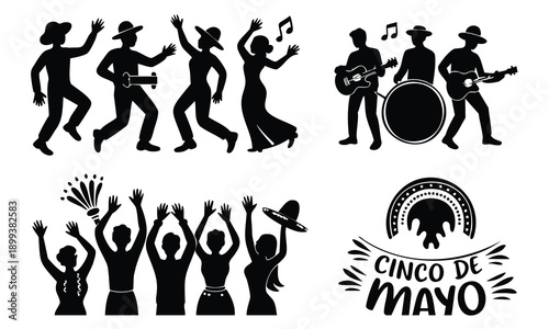 Cinco de mayo silhouette people dancing band playing and celebration text