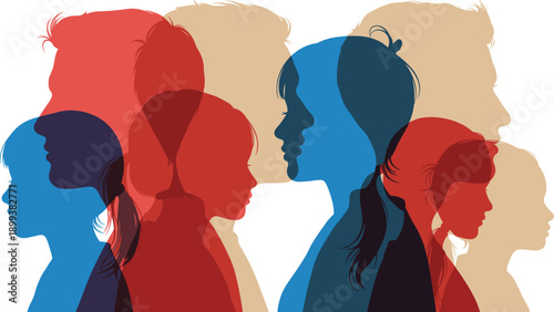Overlapping human profile silhouettes representing diversity, identity, psychology, mental health, community, inclusion, gender equality, social connection, modern abstract illustration