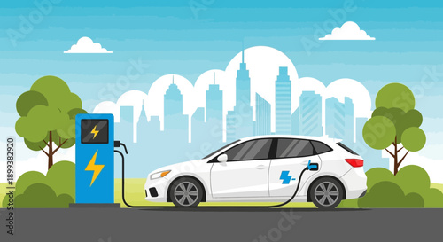 Electric Car Charging Station in a Green City Environment Illustration