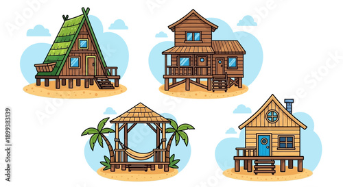 Tropical Beach Huts Bungalow Cartoon Illustration Set