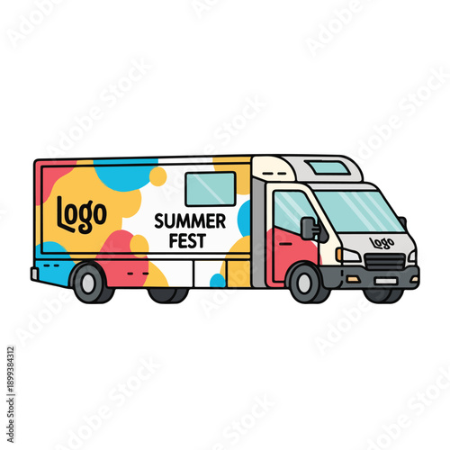 Colorful food truck for summer festival event with logo and festive design