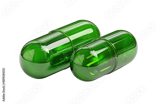 Two vibrant green, translucent capsules.  Glossy,  oval-shaped.  One slightly larger than the other.  Realistic 3D rendering