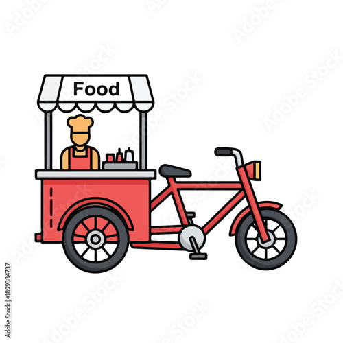 Red bicycle food cart with chef selling food to hungry customers