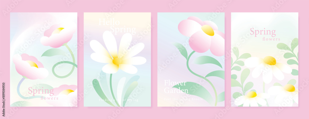 Fototapeta premium Modern gradient poster background vector set. Minimalist poster summer and spring cover template with green geometric, heart, flower, butterfly. Ideal design for social media, banner, card, ads.