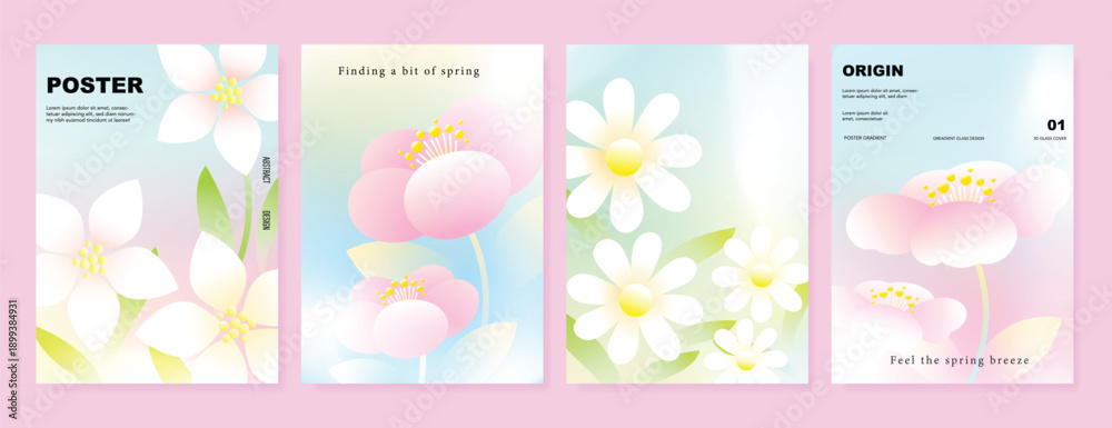 Fototapeta premium Modern gradient poster background vector set. Minimalist poster summer and spring cover template with green geometric, heart, flower, butterfly. Ideal design for social media, banner, card, ads.