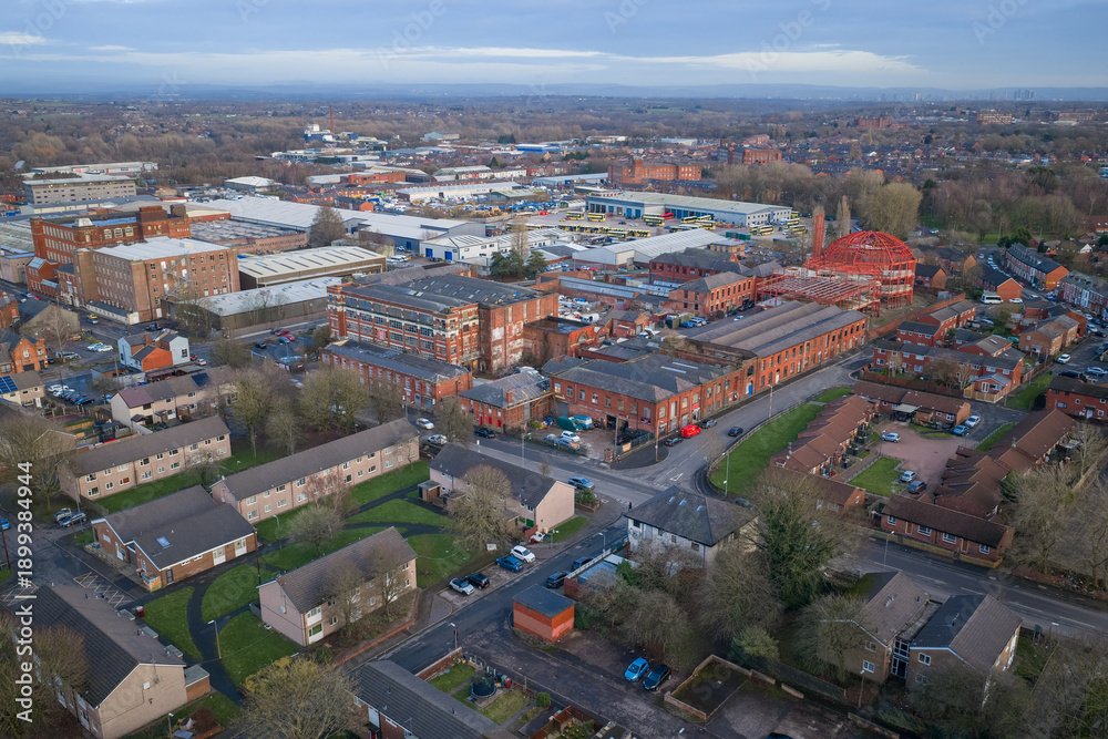 Obraz premium Aerial image showcasing Bolton’s Urban Evolution and Industrial Heritage. 
